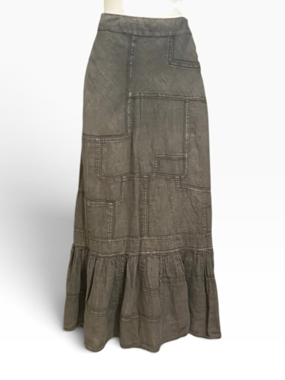 Fei 100% Linen Patchwork Maxi Skirt Olive Green Tiered Boho Long Skirt Size 4 - Picture 2 of 7